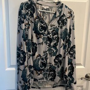 Calvin Klein Gray Long Sleeve Blouse with Mandarin Collar